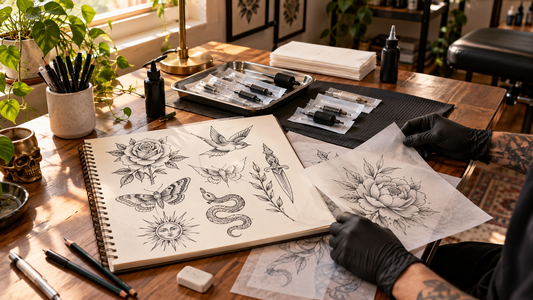 Original tattoo drawings and supplies laid out on a studio desk