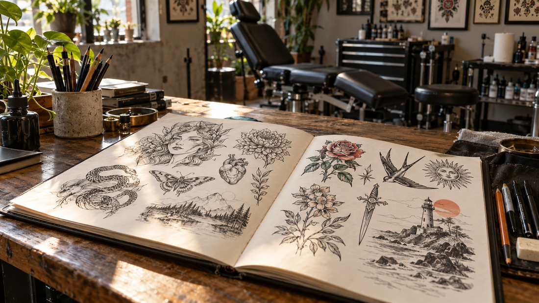 Open portfolio of original tattoo drawings on a studio table