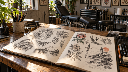 Open portfolio of original tattoo drawings on a studio table