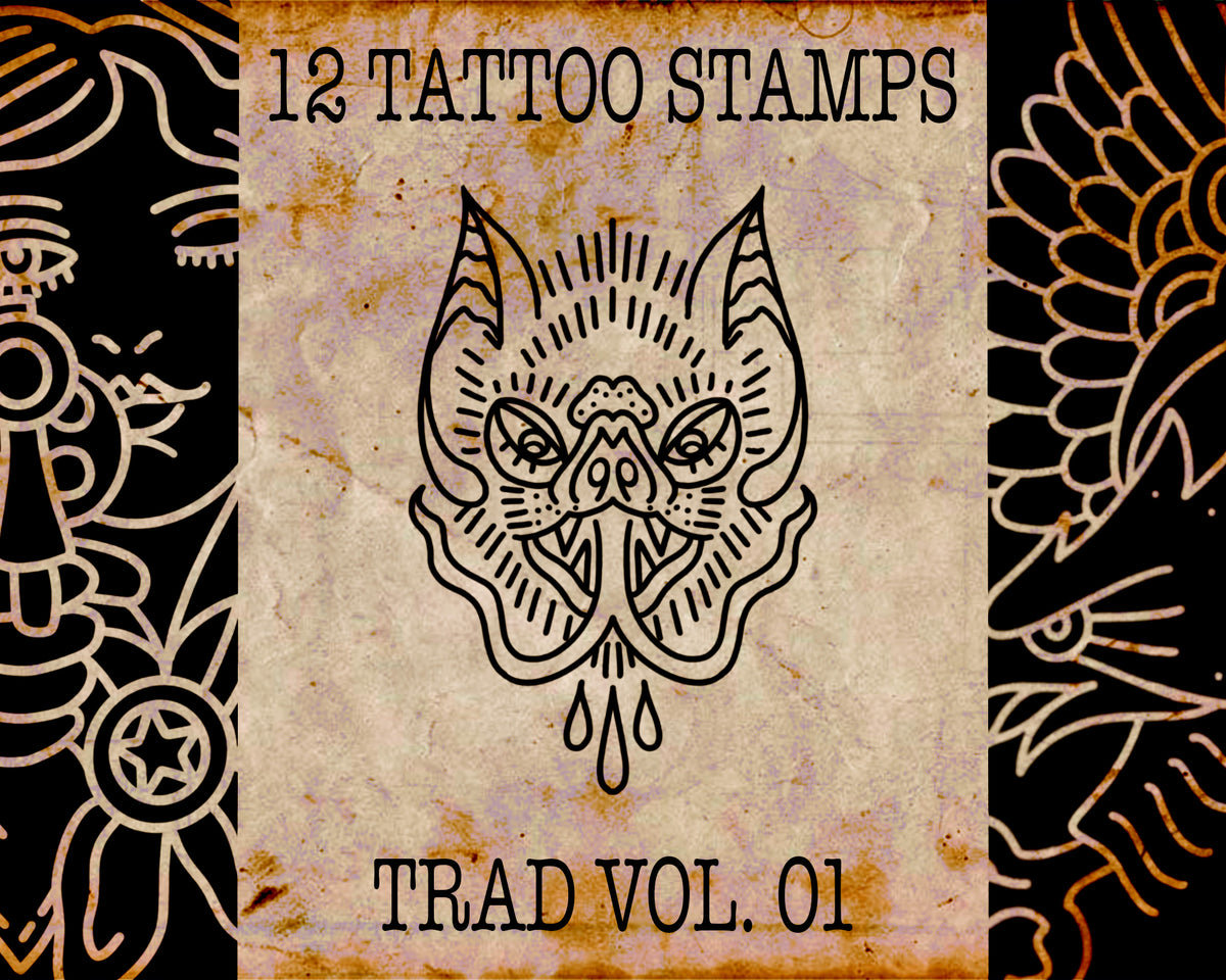 Tattoo Mack Volume 01 traditional Procreate tattoo stamp designs, including a lighthouse, eagle, cowgirl and swallow